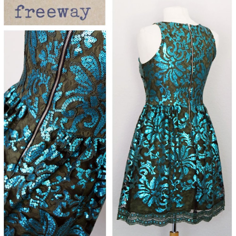 Teal Olive Green Sequin Crochet Scallop Lace Dress - Picture 6 of 8
